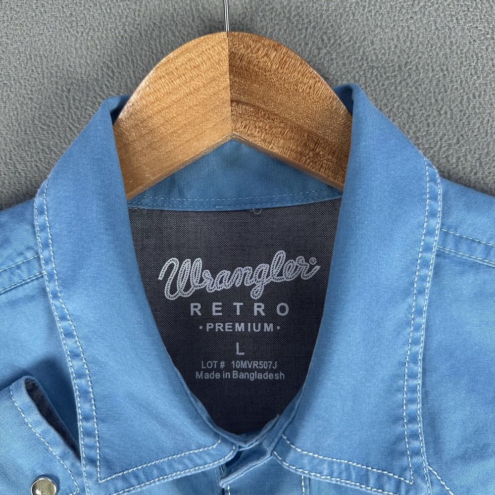 Wrangler Pearl Snap Shirt Mens Large Blue Retro Western Cowboy Cotton Dyed - Picture 7 of 8